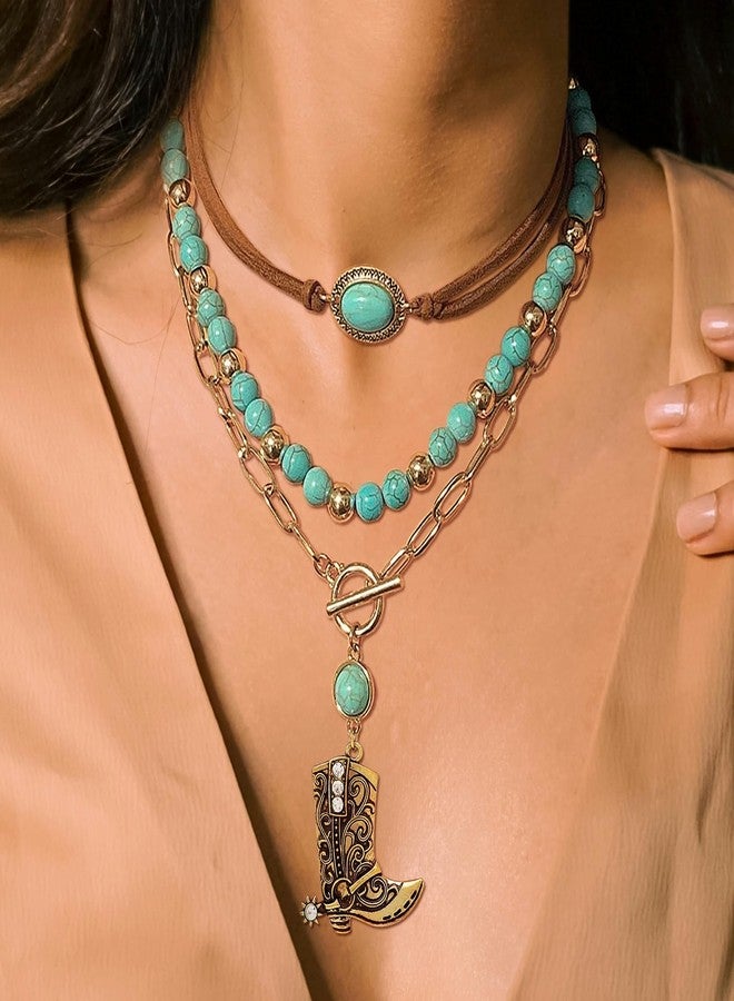 Fscwlmon 3 Pcs Layered Western Cowgirl Necklaces for Women Boho Turquoise Beaded Western Jewelry Rhinestone Cowboy Hat Boots Ox-Head Pendant Choker Paperclip Chain Cowboy Chic Country Accessory XZGJ - Image 4